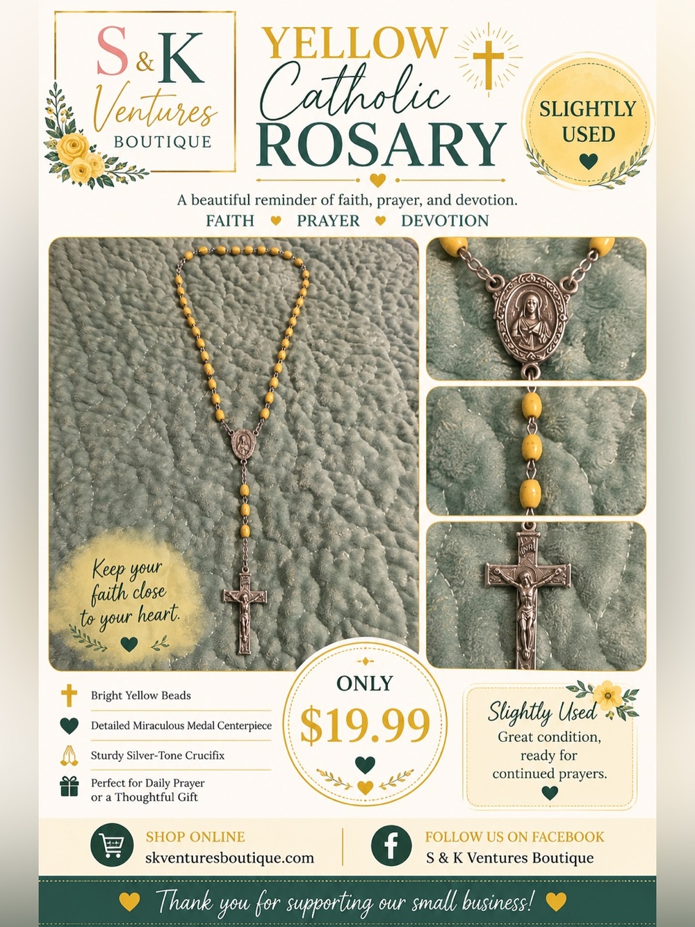 S & K Ventures Yellow Catholic Rosary Necklace